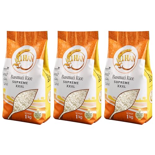 Image of Lihan Supreme XXXL Basmati Rice, 3kg - Premium Aged Long Grain, Extra Long, Fluffy & Aromatic | Ideal for Biryani, Pulao & Daily Meals 1kg (Pack of 3)