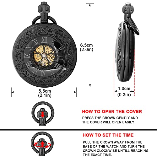 Image of Steampunk Roman Case Design Mechanical Pocket Watch with Chains & Boxs for Best Gifts(Black)