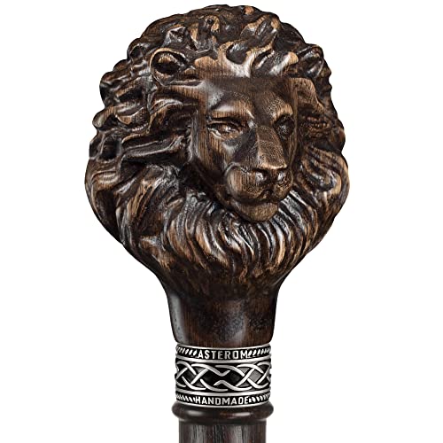 Handmade Wooden Carved Walking Cane for Men and Women - Lion - Unusual Knob Walking Stick (Walnut)