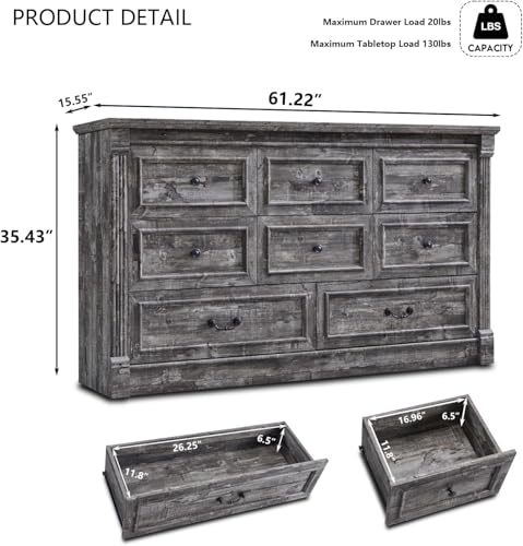 Image of Aitjunz Farmhouse 8 Drawers Dresser for Bedroom, 61 inch Wide Large Dressers & Chests of Drawers w /Roman Column, Storage Dressers Organizer for Bedroom, Hallway, Living Room, Light Grey