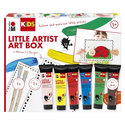 Marabu KiDS Little Artist Art Box, caja para colorear y hacer manualidades para niños a partir de 3 años, incluye 6 pinturas infantiles de 36 ml, pinceles y tablero para colorear, 0305000000114