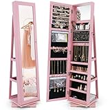 COSTWAY Armadietto Portagioielli Autoportante Girevole con Specchio, Specchio a Figura Intera Organizzatore per Gioielli, Porta Richiudibile a Chiavi (39 x 39 x 161 cm,Rosa)