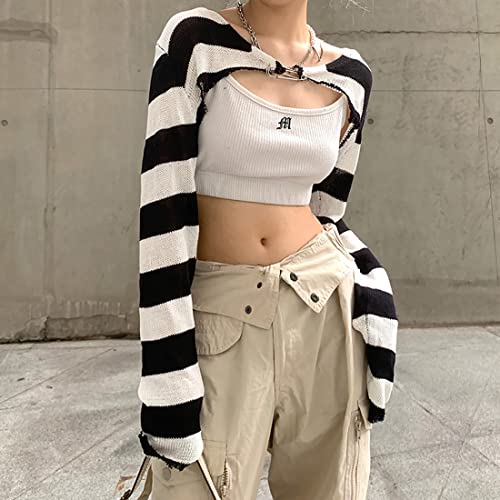 PICPUNMAK Women Grunge Crochet Knit See Through Crop Tops Cover Up Shrug Long Sleeve Crew Neck Casual Cropped Smock Top2