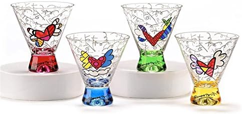 Romero Britto Short Stemless Martini Glass Set (4 Colors: Blue, Yellow, Pink, Green)