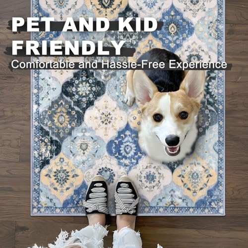 KILOCOCO 2x5 Runner Rug, Moroccan Super Soft Washable Hallway Entryway Runner Rug, Accent Print Faux Wool Kitchen Runner Rug 5 Feet Non-Slip Runners Boho Rug Runners for Bedroom, Blue/Yellow/Multi