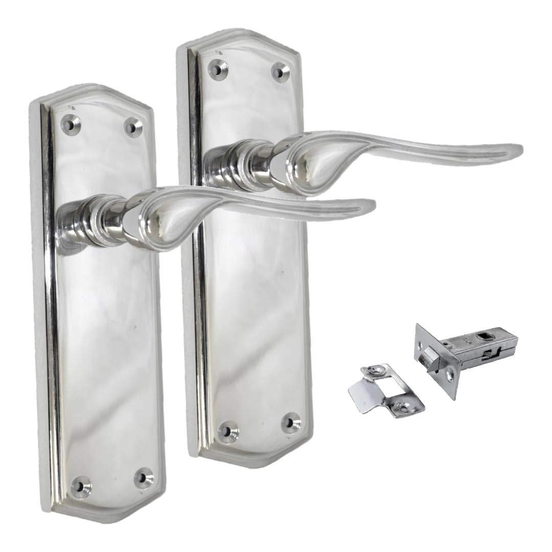Chrome Internal Door Handles with Long Backplate & Tubular Latch โ Modern & Durable Stellar Design for Interior Doors (1 Pair of Handles + Tubular Latch)
