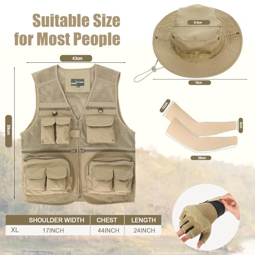 4 Pcs Fishing Vest and Hat for Men Safari Vest with Pockets Include Summer Lightweight Outdoor Jacket with Bucket Hat Fishing Gloves Ice Silk Sleeves for Outdoor Work2