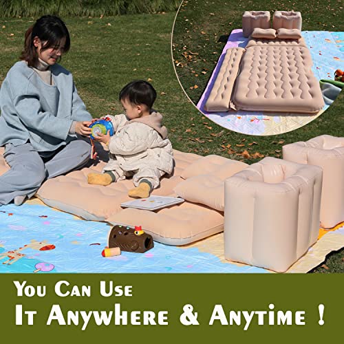 Image of F1 Multifunctional Inflatable Car Bed Mattress Universal Car Back Seat for Baby Travel Air Inflation with Two Air Pillows, Car Air Pump and Repair Kit (Beige)