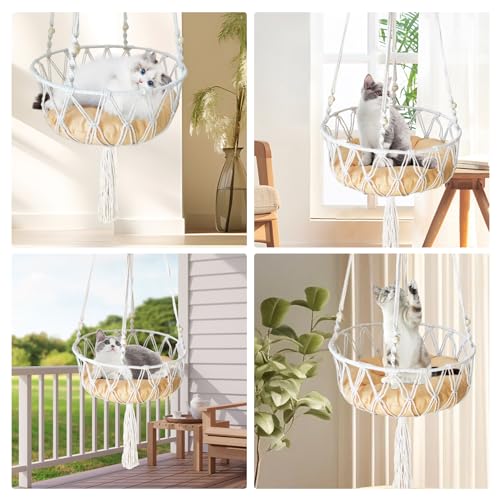 Image of Macrame Cat Hammock Bed,Handwoven Hanging Boho Cat Bed with Hanging Kit for Indoor Outdoor Home Decor Ceiling Catio Swing for Playing Sleeping Climbing and Lounging(15.74x15.74x47.24IN)(L)