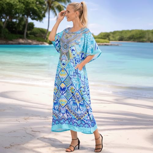 Image of Miss Lavish London Kaftan for Women Dress V Neck Summer Swimsuit Cover Up Blue Caftan Maxi Beach Dress, Plus Size African Kaftan with Batwing Sleeves, Side Slit & Pockets on Both Sides-Blue-M