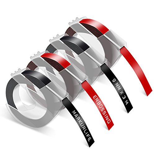 Markurlife kompatible Etikettenband als Ersatz für DYMO-Vinyl-Prägeetiketten Verwendung für DYMO Omega DYMO Junior-Etikettendrucker (Weiß auf Rot, Weiß auf Schwarz)