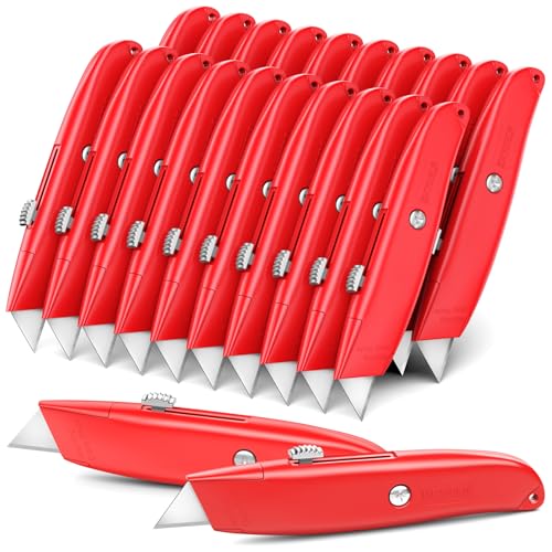 Image of DIYSELF 20 Pack Retractable Box Cutter Knives, Heavy Duty Utility Knives | Box Cutter Knife for Packages, Rope, Carpet and Vinyl, Utility Knives for Office and Garage, PVC Pipe Cutter (Red)