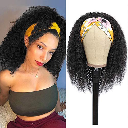 SOKU Kinky Curly Headband Wigs Black Afro Curls Mixed 30% Human Hair for Women Pre-attached Scarf Water Wave Synthetic Wig 150% Density Glueless Non Lace Wigs for Women Wear and Go Wig 18 Inch