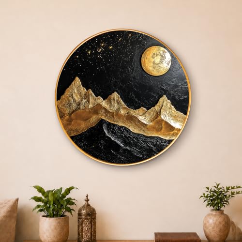 Image of PAINTINGMANTRA Golden Mountain Moon Vastu Framed Wall Art Painting For Living Room, Symbol of Stability, Mountain Poster with frame for Wall, Decoration item for bedroom & Home, 16 Inch