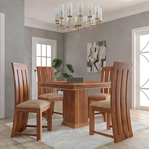 Image of Loonart Solid Sheesham Wood 4-Seater Dining Table Set with Pillar Base |Handcrafted Wooden Dining Furniture with Natural Finish |Compact Dining Set for Home| Kitchen Or Apartment Use|