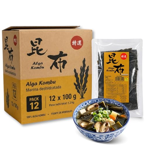 Alga kombu, Alga Marina deshidratada, son ideales para preparar dashi, Sin Gluten, Apto para Vegetariano, Vegano, Sin Conservantes, Contiene 12 paquetes de 100 gr de hojas