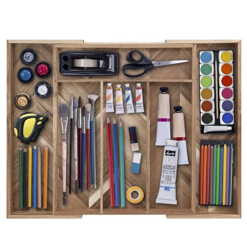 woodluv Cutlery Tray, Drawer Dividers For Kitchen Utensil Organiser, Expandable Tray for Office Supplies, Storage for Cutlery, Large - Acacia Wood - Image 3