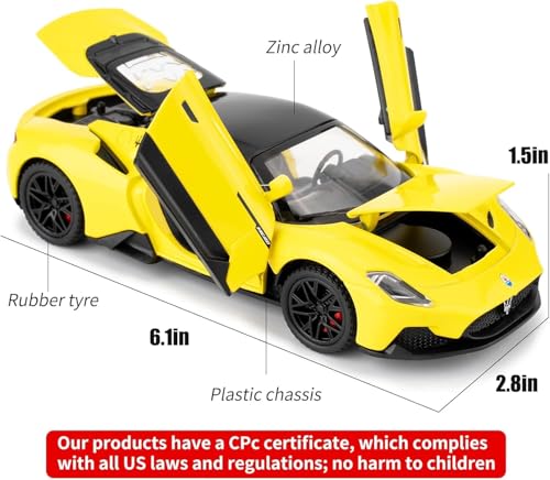 Image of 1:32 Maserati MC20 Alloy Model Car with Pull Back Function Light & Sound Diecast Toy for Kids Collectible Toy Vehicle for Car Enthusiasts Boys and Girls (Yellow)