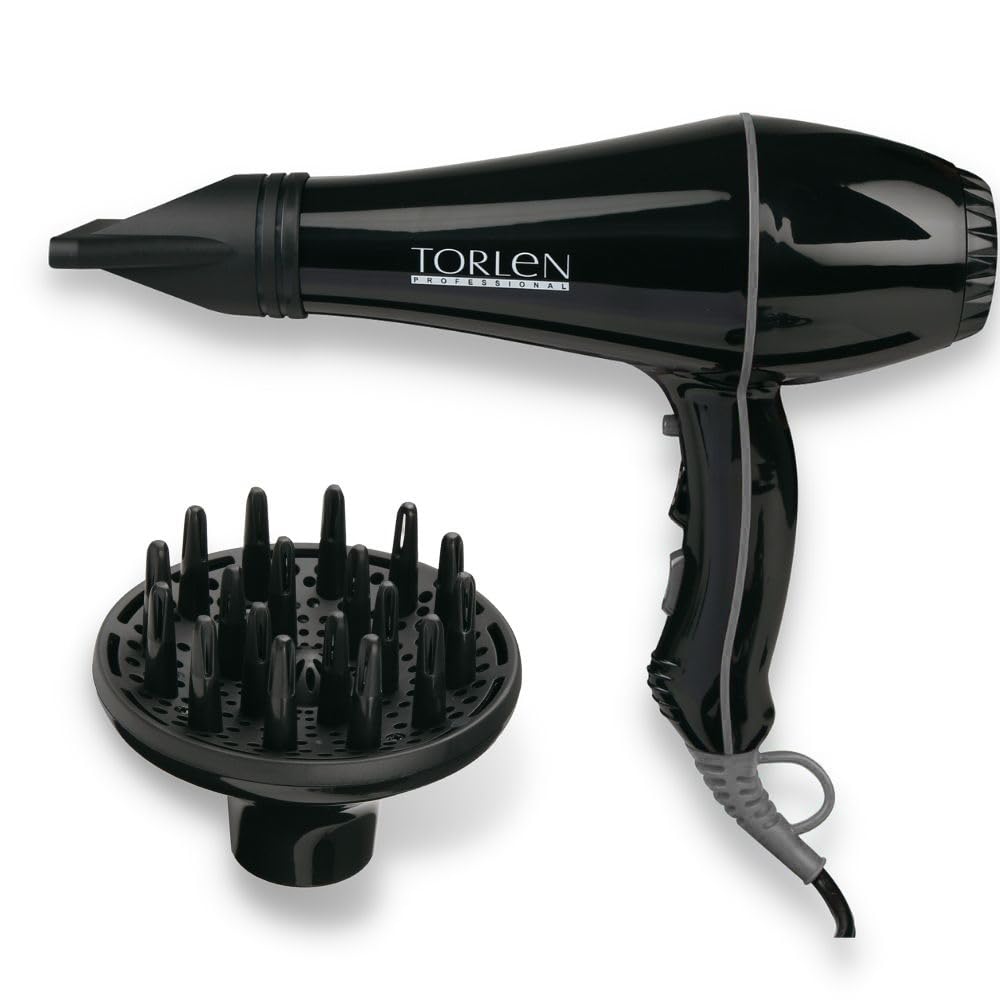 Torlen Professional TOR-181 Hair dryer 2200 Watts with Diffuser | AC Motor, Concentrator, Diffuser | Hot and Cold Air | 2 Speed 3 Temperature Settings | Cool Shot For both Men and Women | Black Grey