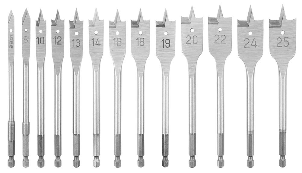 NORTOOLS Spade Drill Bit Sets 13 PCS Wood Craft Hole Saw Bits Paddle Flat Boring Bits with 1/4 inch Quick Change Hex Shank for Woodworking DIY Lover Carpenter in Waterproof Nylon Bag 6-25 mm