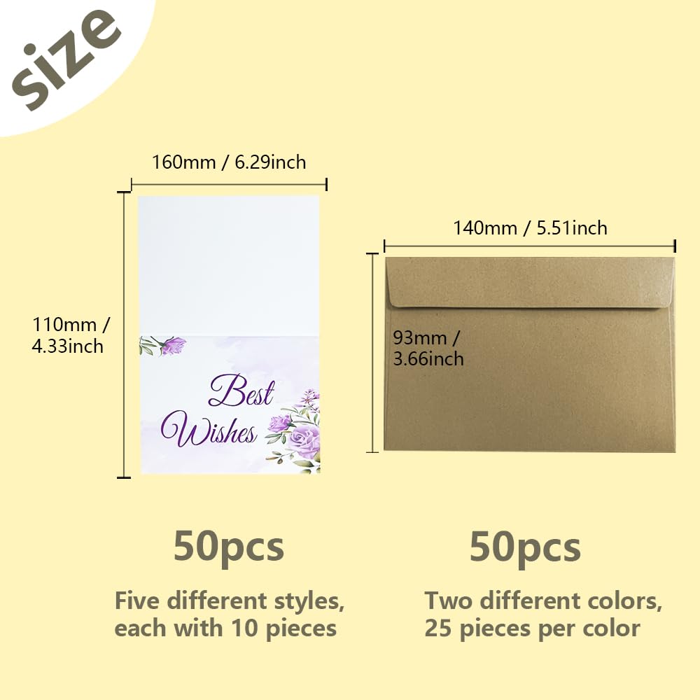 CZAKOMIX 50 pz 2 colori 16*11cm busta kraft- Bianco,marrone chiaro, con 50 pz 14*9,3cm carta auguri,busta regalo,biglietto di ringraziamento, per compleanno, Natale, Ringraziamento,invito(Best Wishes)