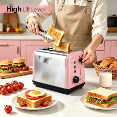 Image of Toaster 2 Slice, Stainless Steel, 6 Shade Settings, 1.5 inch Extra Wide Slots | NEXFIT Retro Toaster with Bagel, Defrost, Reheat & Cancel Functions, 900W, Removable Crumb Tray, High Lift, Cord Wrap, Pink