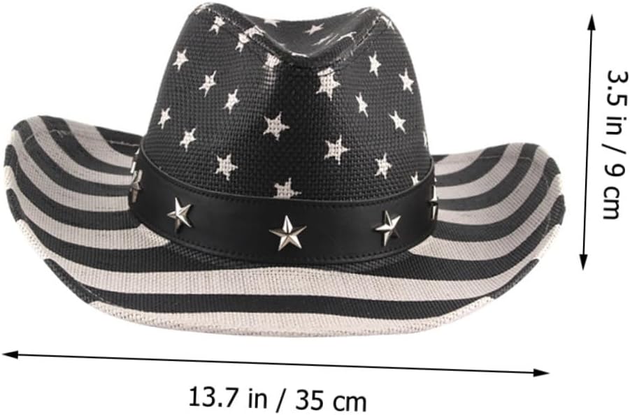 American Flag Cowboy Hat Straw Western Summer Hat Unisex 4th of July Patriotic Headwear for Men and Women Black