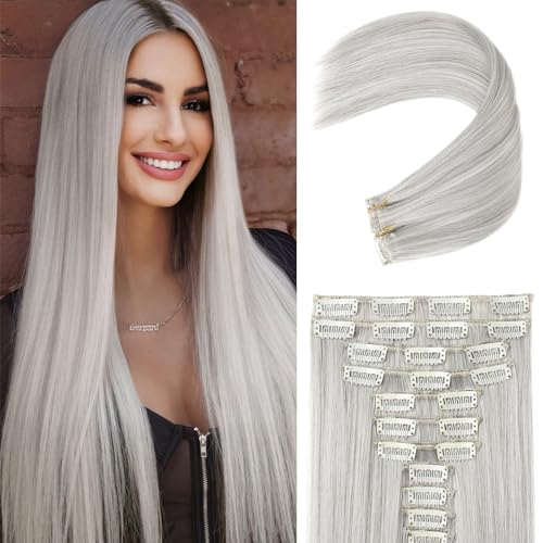 REECHO Hair Extensions 11PCS Clip in Hair Extensions 24 Long Straight hair extensions HE005 Natural Soft Synthetic Hairpieces for Women Silver Grey