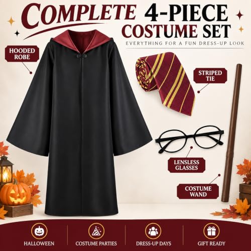 Wizard Costume Set for Kids, Hooded Black Robe for Halloween Dress Up - image 2