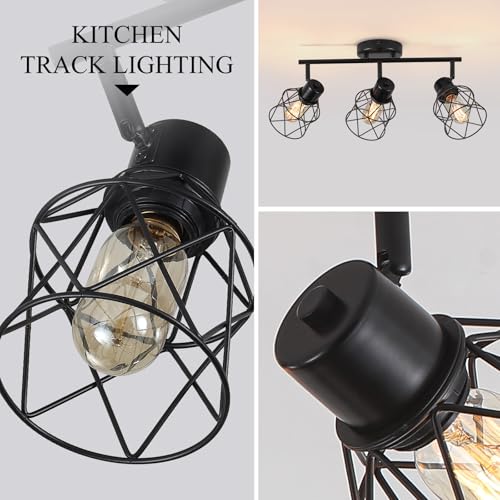 Image of 3 Lights Adjustable Multi-Directional Black Light Fixtures, Semi Flush Mount Ceiling Light, Kitchen Light Fixtures, Track Lighting Fixtures Metal Cage Industrial Spotlight Fixtures for Dining Room