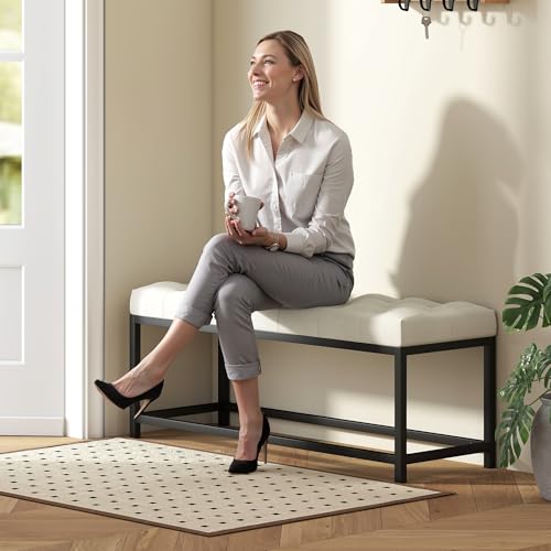 HOMCOM Banco Pie de Cama, Tapizado en Terciopelo, Banqueta para Dormitorio, Diseño Capitoné, Base de Metal, Banco para Dormitorio, Entrada, Salón, Recibidor, Crema - imagen 9