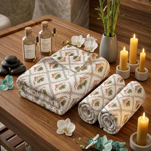 Image of Mafatlal Madhuban Lightweight Waffle Cotton Set (1 Bath 147x76 cm + 2 Hand 76x38 cm) | 250 GSM | Soft, Hand Printed Floral | Foliage Color