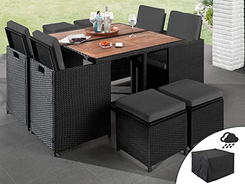 Best Mobilier - Salon de Jardin Encastrable Noir Cuba - en Résine Tressée à la Main - Plateau en Bois - avec Housse de Protection - Coussins Déhoussables Gris - 8 Places