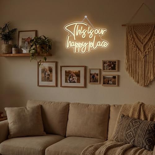 NOSUN This is Our Happy Place Neon Sign,Neon Signs for Wall Decor Happy Place Warm White LED Light Room Decor for Bedroom Classroom Man Cave Home Bar Birthday Party Decor Neon Classroom Sign Dimmable USB Power — view 2