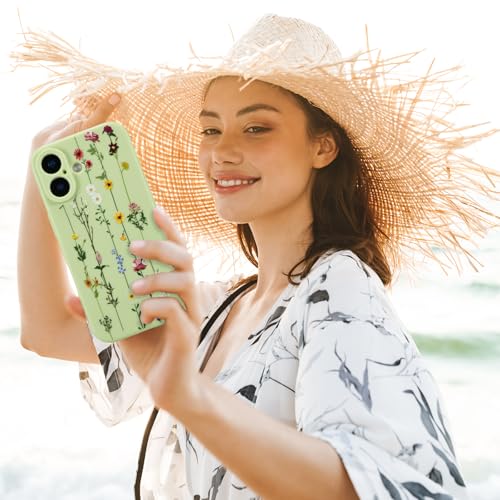 Coque iPhone 16 anti-rayures et antichoc, silicone souple vert à fleurs - 6