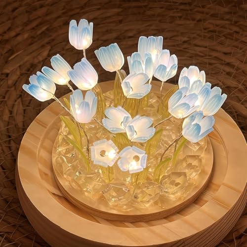 Image of XERGY DIY Glass Dome Flower Lamp - Romantic Tulip Night Light with 18 Flower, Wooden Base | Warm Ambient Decorative Light for Bedroom, Living Room, Gifts - Blue