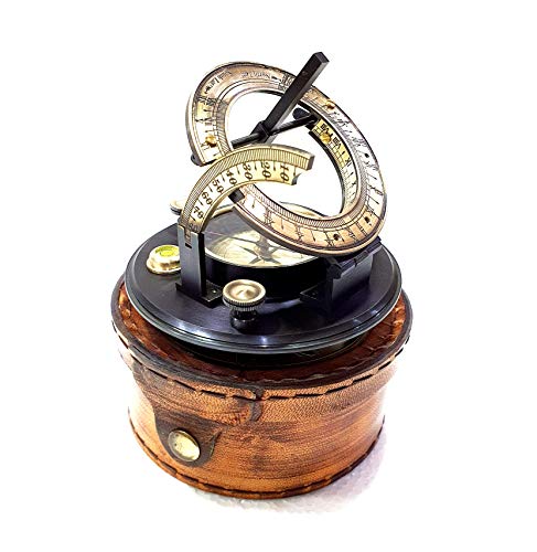 Brújula náutica antigua redonda de latón de 3" con grabado y caja de cuero marrón miniatura 1