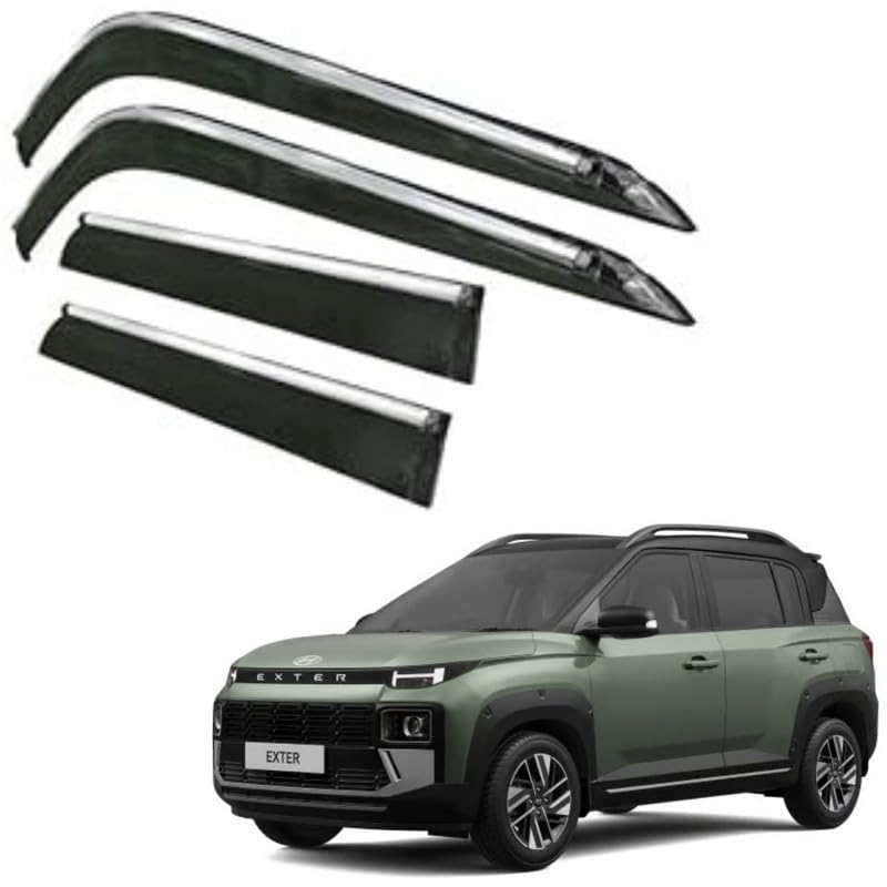 Image of CAR SAAZ Side Door Visors for Exter (2023-Present) (Set of 4Pcs)|Chrome Lined Rain Guards, Smoke Finish, Polycarbonate Wind Deflector