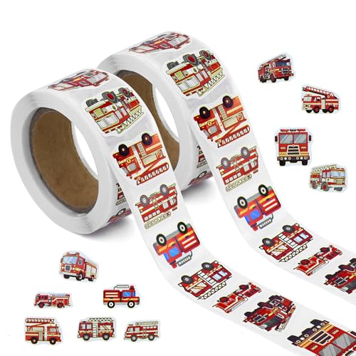 SAMANTHAHALLLTD 1000 Stück Feuerwehrauto Aufkleberrolle Selbstklebend, Wasserfest Feuerwehrauto Motorfahrzeuge Aufkleber, Fire Truck Deko für Auto Laptop Computer Skateboard