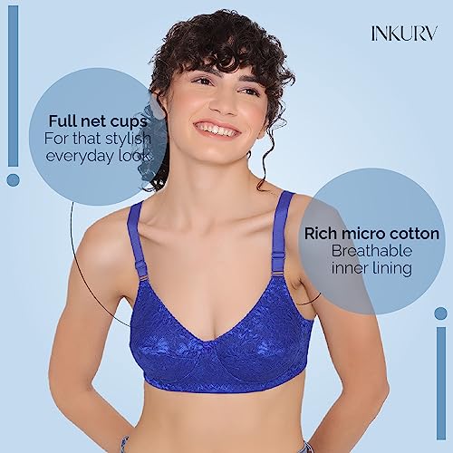 Image of INKURV Full Coverage Bra Set for Women | Ideal for Heavy Breast| Non-Padded Anti Sagging Bust Uplift| Stylish net Innerwear for Ladies- Erin (Combo of 2)