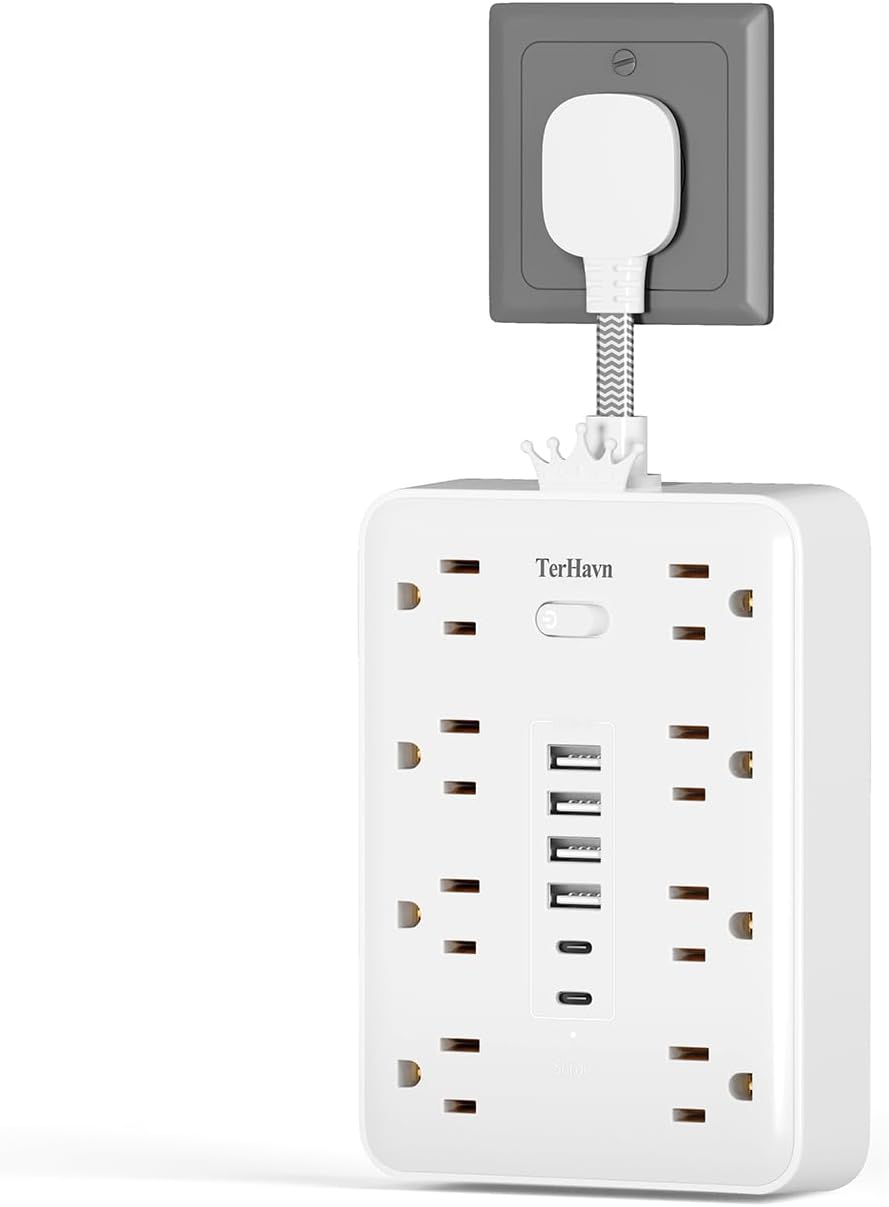 Short Extension Cord 0.082 ft - Flat Plug Small Power Strip Surge Protector with 8 Outlets, 6 USB Charging Ports (2 USB-C), Multi Plug Wall Outlet Splitter for Room, Home, Office, Dorm, White