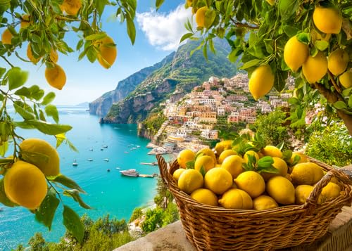 Bgraamiens Rompecabezas de 1000 Piezas para Adultos – Costa de Amalfi con Limones – Escena Mediterránea con Vista Costera y Cítricos – Regalo Italiano Escénico para Relajación miniatura 1