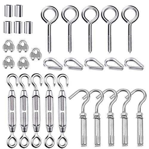 Discra 30 pcs Kabelgeländer Kits für Holzpfosten, 304 Edelstahl Spannschloss Drahtspanner Sieb, Zugschraube Augenschraube, Fingerhut und Aluminium Crimpschlaufe Cover