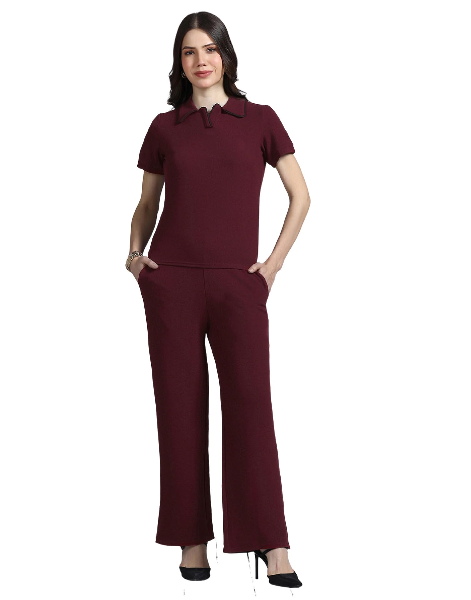 Maroon Solid Two-Piece Co-Ord Set for Women, Top & Wide-Leg Pants-image-36