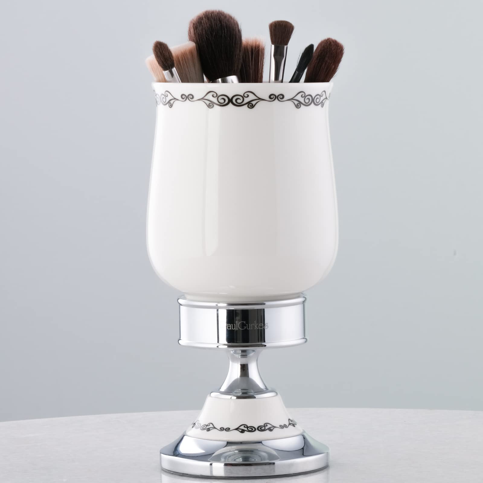 Organizador de Maquillaje Grande, Taza de Cerámica, Latón Macizo Cromado, Base Antideslizante, Accesorios Baño, 1 Unidad, Línea COSMOS