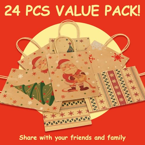 Image of Christmas Gift Paper Bags 24 Pack 5.8x3.2x8.25 in with Handles