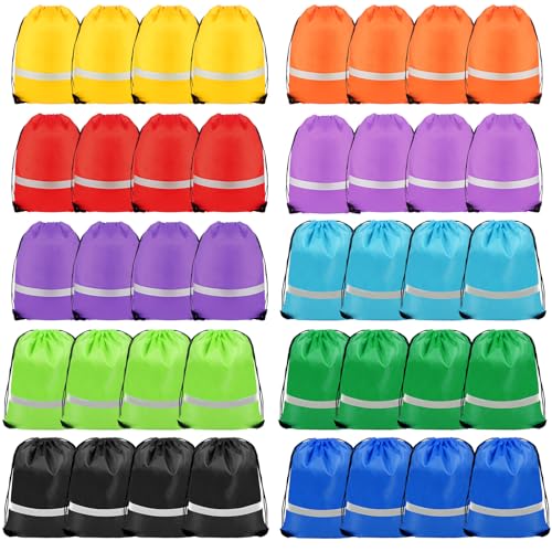 40 Pieces Drawstring Backpacks Bags Bulk,Waterproof Drawstring Bag with Reflective Strip for Women and Men,Drawstring Gym Bag DIY for Yoga Sport Traveling Beach,Multicolor