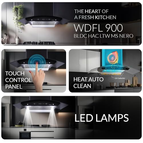 Image of Elica 90cm 1500 m3 /hr BLDC Filterless Autoclean Kitchen Chimney with 15 Years Motor & 5 Years Comprehensive Warranty | WDFL 900 BLDC HAC LTW MS NERO | Black | Touch Control with Motion Sensor