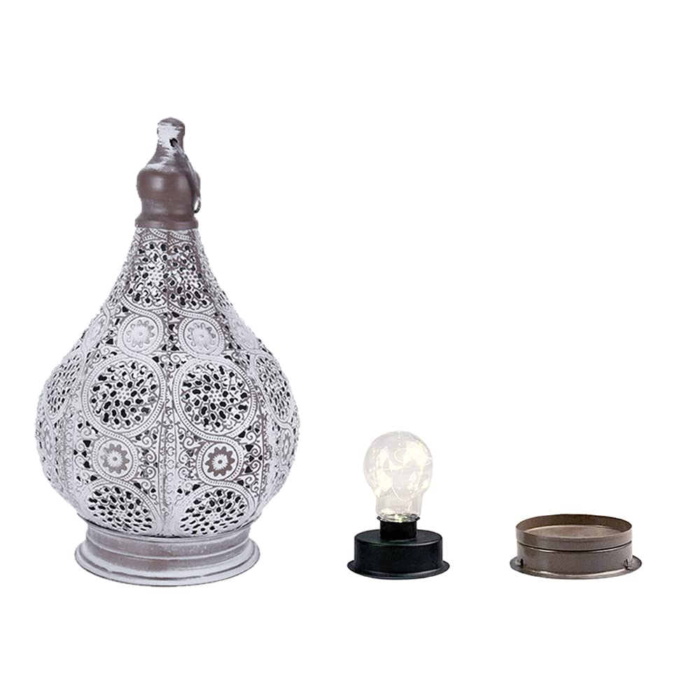 JHY DESIGN Lampada da Tavolo Marocchina Vintage in Metallo Con Lanterna a Batteria Lampade Senza Fili 30cm Lampada da Scrivania Con Lampadina Edison per Giardino Interno Esterno (Foglie di Bambù)