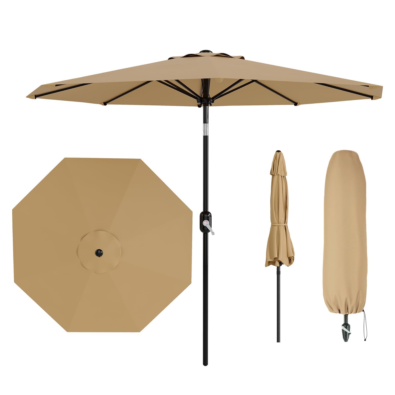 Aptliton 2.7m Garden Parasol Umbrella with Cover, 9ft Patio Umbrella with Crank & Tilt, UPF 50+ Waterproof Sun Shade, Polyester, 8 Ribs, for Outdoor Garden Patio Backyard, Grey — view 8